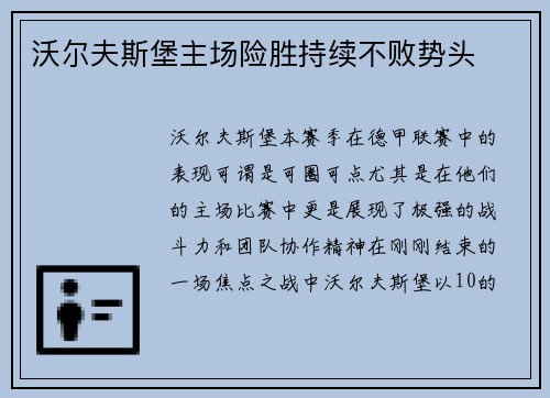 沃尔夫斯堡主场险胜持续不败势头